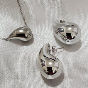 Minimalist Stainless Steel Water Drop Necklace & Earrings Set | Silver Geometric